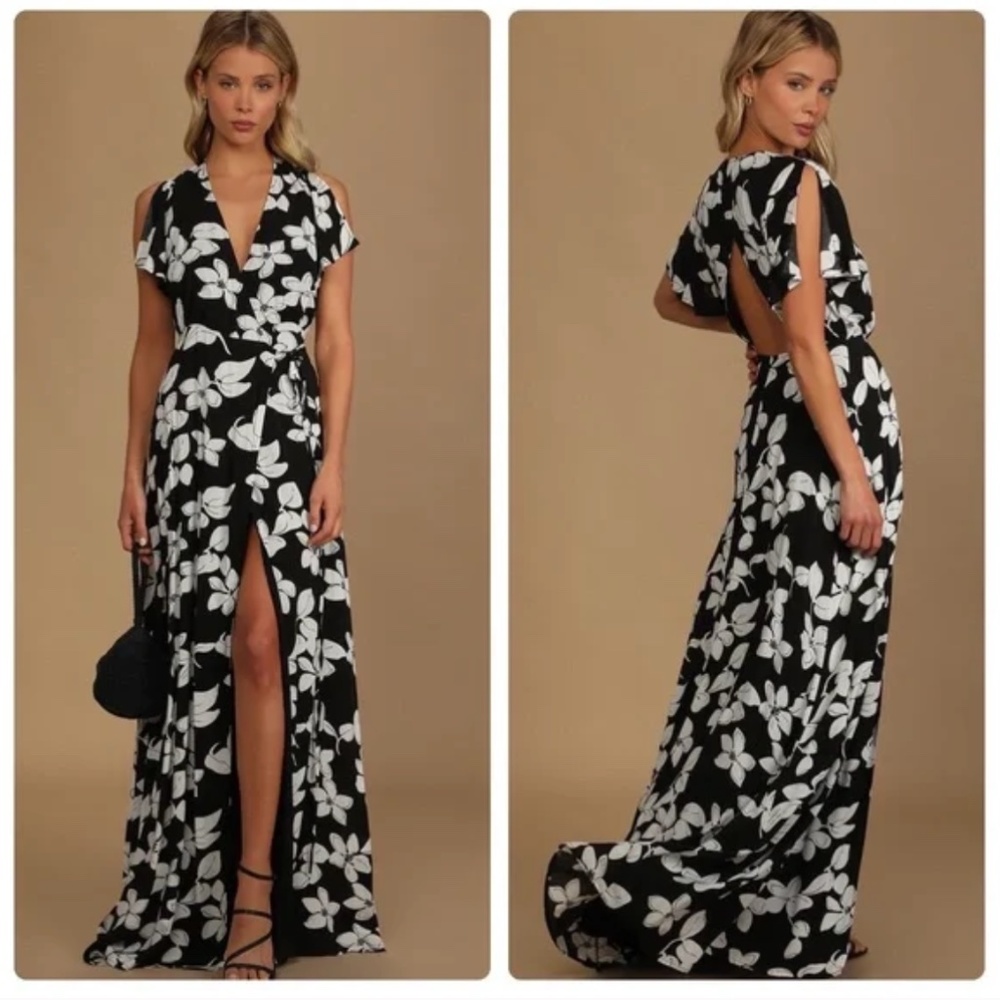 Lulu's Black Floral Print Wrap Summer Maxi Dress w/ "Azalea Regalia" Print - XS